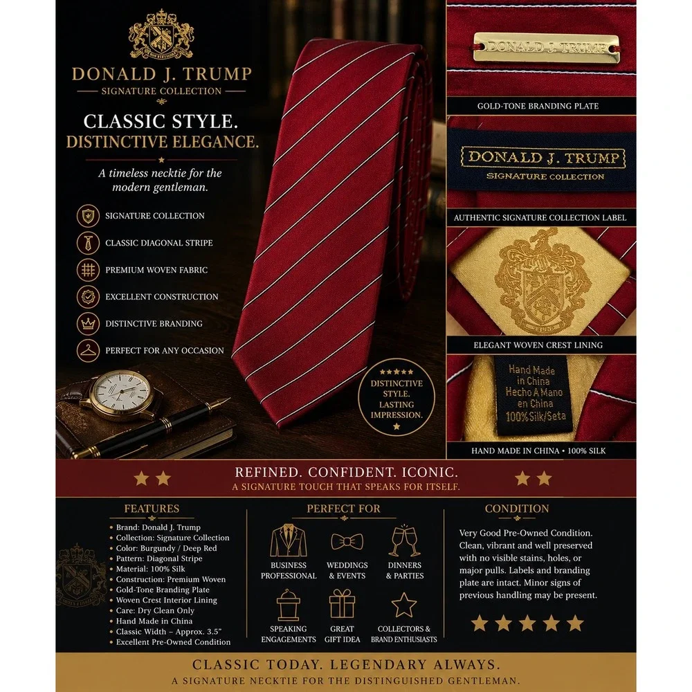 Donald J. Trump Signature Collection Men's Red Striped Necktie Gold Crest Tie